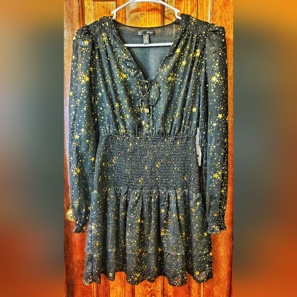 NWT Aqua Metallic Star Print Mini Dress Size Small